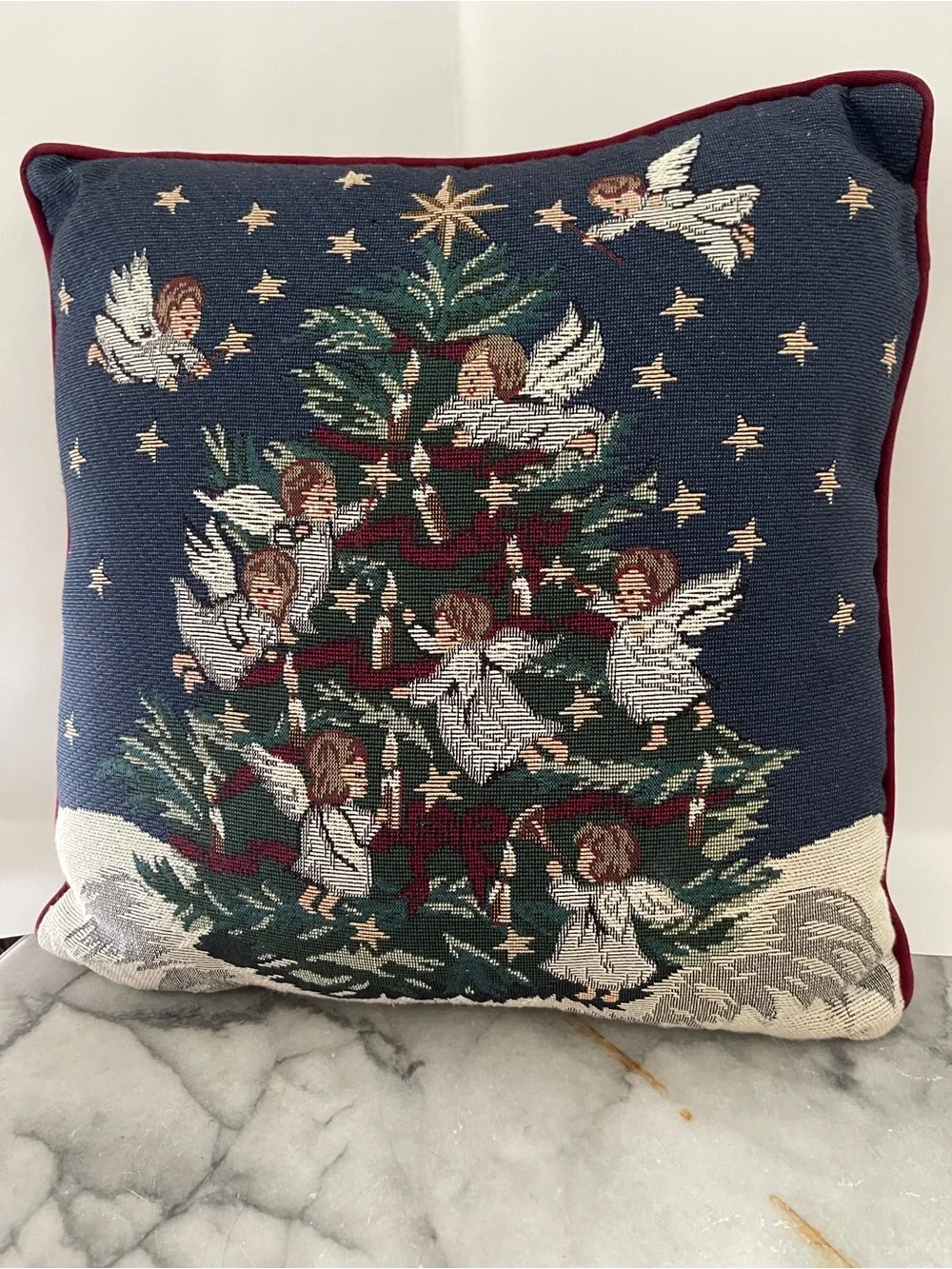 Fashion Christmas Tapestry Pillow in Blue, Gold, Christmas Tree & Angels 15”